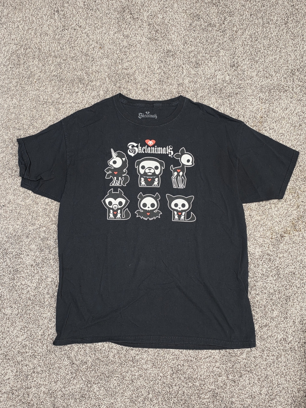 Hot Topic Black Skelanimals Tee with White Characters and Red Hearts
